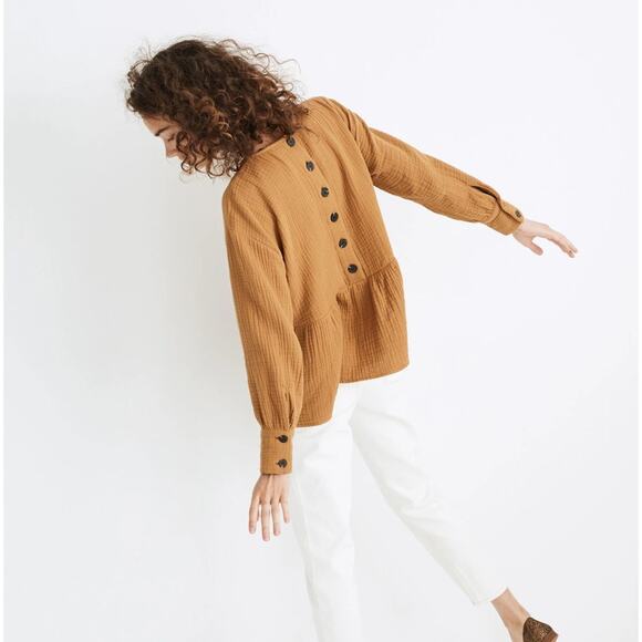 Madewell Lightspun Button-Back Peplum Top Compass Gold Gauze Blouse Cotton Sz S - Picture 1 of 7